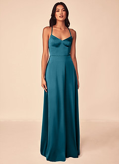Azazie Mei Bridesmaid Dresses Ink Blue A-Line V-Neck Stretch Satin Dress image1