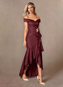 Azazie Billings Mother of the Bride Dresses Cabernet Mermaid Off the Shoulder Stretch Satin Dress image6