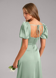 Azazie Fyona Bridesmaid Dresses Agave A-Line Pleated Stretch Satin Dress image7