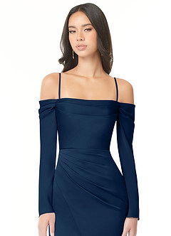 Azazie Hallie Bridesmaid Dresses Dark Navy Sheath Off-The-Shoulder Long Sleeve Stretch Satin Convertible Dress image2