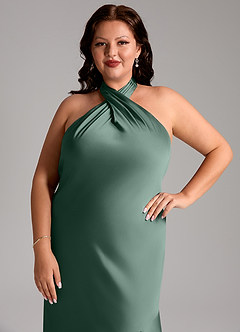 Azazie Lorena Brautjungfernkleider Meerjungfrau-Linie Plissee Stretch-Satin Kleid Eukalyptus image12