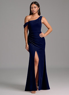 Azazie Madelyn Vestidos de damas de honor Vestido de Azul Marino Oscuro de terciopelo de Corte Recto con Hombro unilateral image1