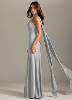 Azazie Kinsley Vestidos de madrinha de casamento Vestido Prata de Cetim elástico de sereia com Fenda Lateral image4