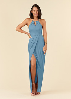Azazie Hadid Mother of the Bride Dresses Steel Blue Sheath Pleated Mesh Dress image3