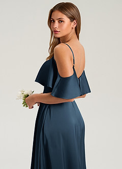 Azazie Jean At-home Try On Dresses Dark Navy A-Line Off the Shoulder Stretch Satin Dress image7