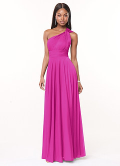Azazie Charlize Final Sale Fuchsia A-Line One Shoulder Mesh Dress image2