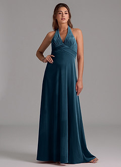 Azazie Tessie Vestidos de damas de honor Vestido de Topacio Azul de terciopelo de Corte en A con Plisado image1