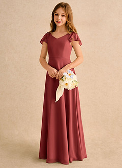 Azazie Nari Girls Formal Flower Girl Dresses Terracotta A-Line with Sleeves Chiffon Dress image3