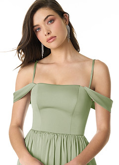 Azazie Morana Jurken voor bruidsmeisjes Converteerbaar Jurk van Stretch Satijn met A-Lijn Off the Shoulder Stoffige Salie image6