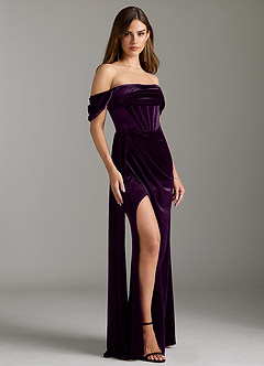 Azazie Amyra Bridesmaid Dresses Grape Sheath Off the Shoulder Velvet Convertible Dress image1