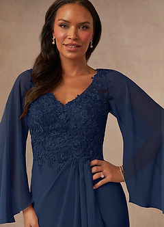 Azazie Perry vestidos de madre de la novia Vestido de Azul Marino Oscuro de Gasa de Sirena con Encaje cuello pico image6