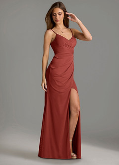 Azazie Maci Bridesmaid Dresses Terracotta Sheath Pleated Mesh Dress image3