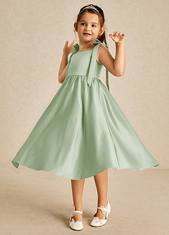 Azazie Chelsie Robe Demoiselle D'honneur Fillette Robe Trapèze en Mat Satiné Arc Vert Sauge image3