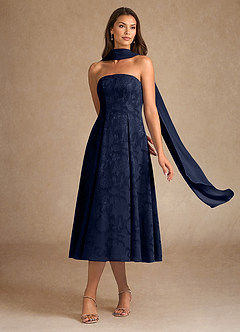 Azazie Lorain Mother of the Bride Dresses Dark Navy A-Line Pleated Floral Burnout Dress image2