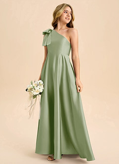 Azazie Penguin Junior Dusty Sage A-Line Bow Stretch Satin Dress image6