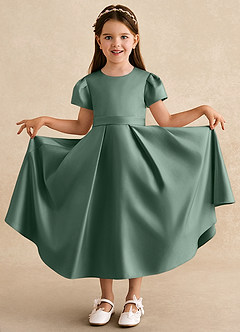 Azazie Princess Robe Demoiselle D'honneur Fillette Robe Trapèze en Mat Satiné Plissée Eucalyptus image3