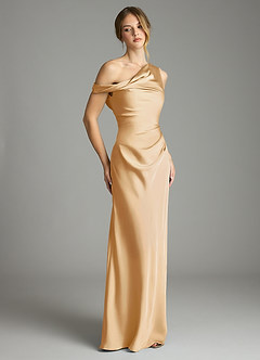 Azazie Emerson Brudtärnklänningar Klä av Sjöjungfru i Stretch Satin Av axeln Guld image5