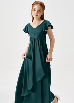 Azazie Omari Junior Pine A-Line Pleated Stretch Satin Dress image6