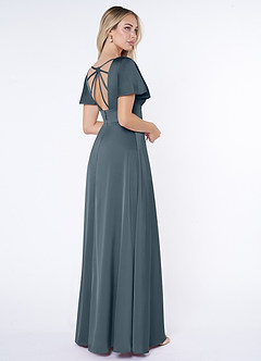 Azazie Lani Robes de demoiselle d'honneur Robe Trapèze en Satin extensible Manche à volants Violet Crépusculaire image5