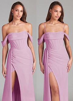 Azazie Amyra Bridesmaid Dresses Candy Pink Sheath Off the Shoulder Chiffon Convertible Dress image9
