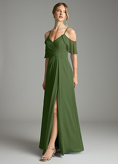 Azazie Dakota Bridesmaid Dresses Olive A-Line V-Neck Pleated Chiffon Dress image4