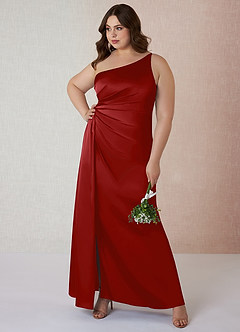 Azazie Mika Final Sale Pomegranate Sheath One Shoulder Stretch Satin Dress image8