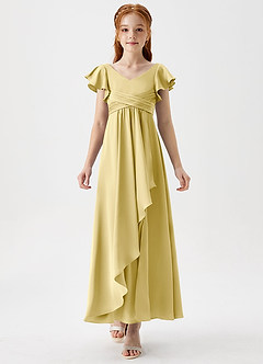 Azazie Omari Junior Lemon Sorbet A-Line Pleated Stretch Satin Dress image5