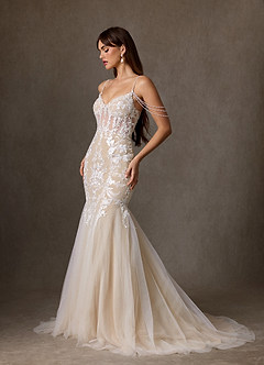 Azazie Denise Abiti da Sposa Abito Sirena in Tulle Lustrini Bianco Diamante Champagne image3