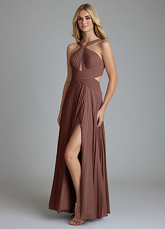 Azazie Hosanna Bridesmaid Dresses Espresso A-Line Pleated Chiffon Dress image5