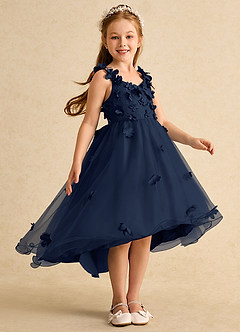 Azazie Tweety Robe Demoiselle D'honneur Fillette Robe Trapèze en Tulle Dentelle Bleu Marine Foncé image4