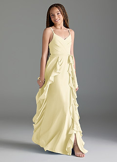 Azazie Peyton Junior Lemon Sorbet A-Line V-Neck Cascading Ruffles Chiffon Dress image3