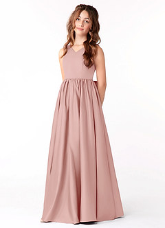 Azazie Hathaway Junior Vestido de Oro Rosa de Satin Mate de Corte En A con Lazo image3