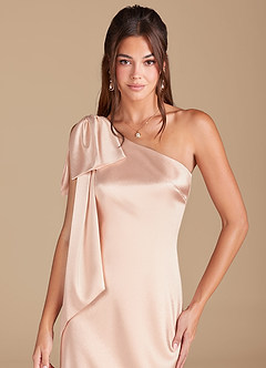 Azazie Capri Bridesmaid Dresses Rose Gold Sheath One Shoulder Metallic Satin Dress image5