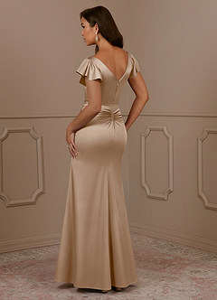 Azazie Roya Mother of the Bride Dresses Taupe Mermaid V-Neck Pleated Stretch Satin Dress image3