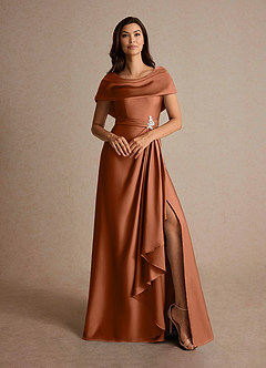 Azazie Branford At-home Try On Dresses Copper A-Line Pleated Stretch Satin Dress image7