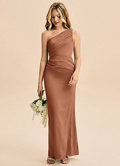 Azazie Akilah Junior Robe Fourreau en Satin extensible Plissée Bronze image3