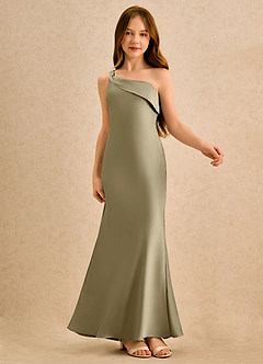Azazie Almond Girls Formal Sukienki dla dziewczynek sypiących kwiaty Osłona Jedno ramię Satyna elastyczna Długość podłogi Sukienka image6