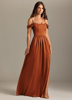 Azazie Calianna Bridesmaid Dresses Cinnamon A-Line Off the Shoulder Stretch Satin Convertible Dress image7