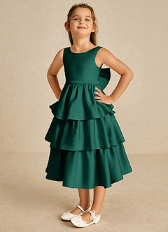 Azazie Margery Flower Girl Dresses Emerald A-Line Bow Stretch Satin Dress image3