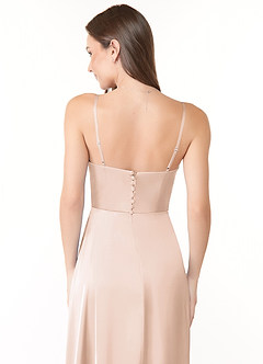 Azazie Halsey Vestidos de damas de honor Vestido de Rosa Rubor de Satén Elástico de Corte Recto con Corte Lateral image3