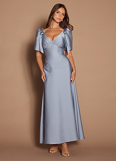 blue grey color dress A Line V Neck Blue-Gray Long Prom Dresses, Blue-Gray Beaded Long Forma –  jbydress