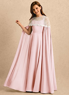 Azazie June Girls Formal Robe Demoiselle D'honneur Fillette Robe Trapèze en Satin extensible Dentelle Rose Pâle image1