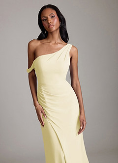 Azazie Madelyn Vestidos de damas de honor Vestido de Sorbete De Limón de Gasa de Corte Sirena Convertible con Hombro unilateral image4