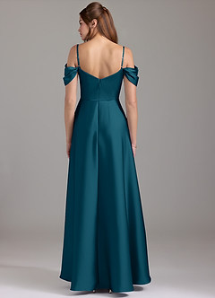 Azazie Marley Robes de demoiselle d'honneur Robe Trapèze Convertible en Satin extensible Épaule décolletée Bleu Encre image5
