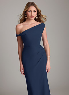 Azazie Emerson Bridesmaid Dresses Dark Navy Sheath Off the Shoulder Chiffon Dress image2