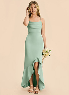 Azazie Magnolia Junior Agave Sheath Ruched Stretch Satin Dress image4