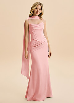 Azazie Sorrel Junior Powder Pink Mermaid Ruched Stretch Satin Dress image3