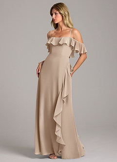 Azazie Aubrie Bridesmaid Dresses Taupe A-Line Off the Shoulder Chiffon Dress image3