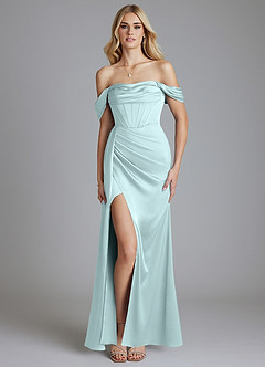 Azazie Amyra Bridesmaid Dresses Sea Glass Mermaid Off the Shoulder Stretch Satin Convertible Dress image9