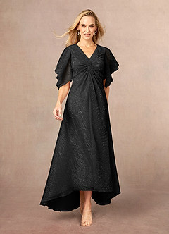 Azazie Mollina Mother of the Bride Dresses Black A-Line Ruffle Flutter Sleeve Metallic Mesh Dress image1